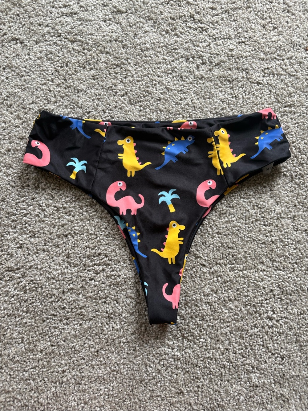 SHEIN Black Swim Bottoms with Yellow, Blue & Pink Dino Print